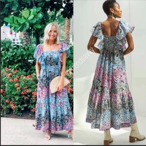 ANTHROPOLOGIE Embroidery Eyelet Maxi Dress Floral Ruffle Black Size M NWT